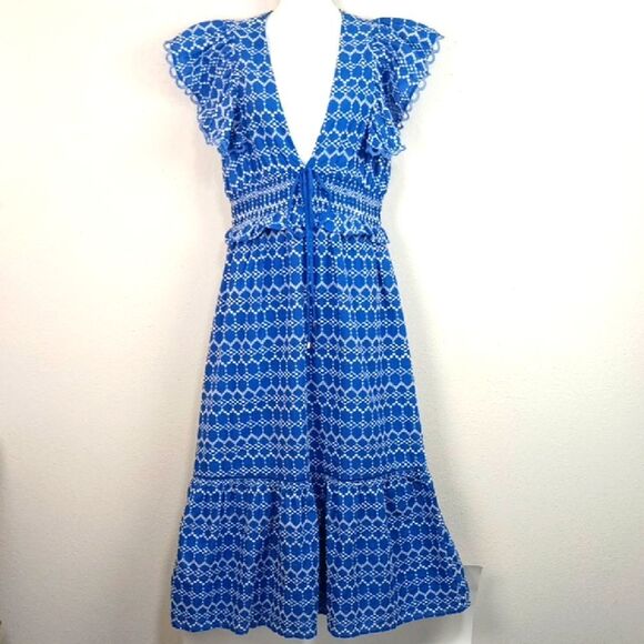 O.p.t Women Blue / White Tiered Maxi dress with V Neckline and Flutter Sleeves L - Picture 2 of 16